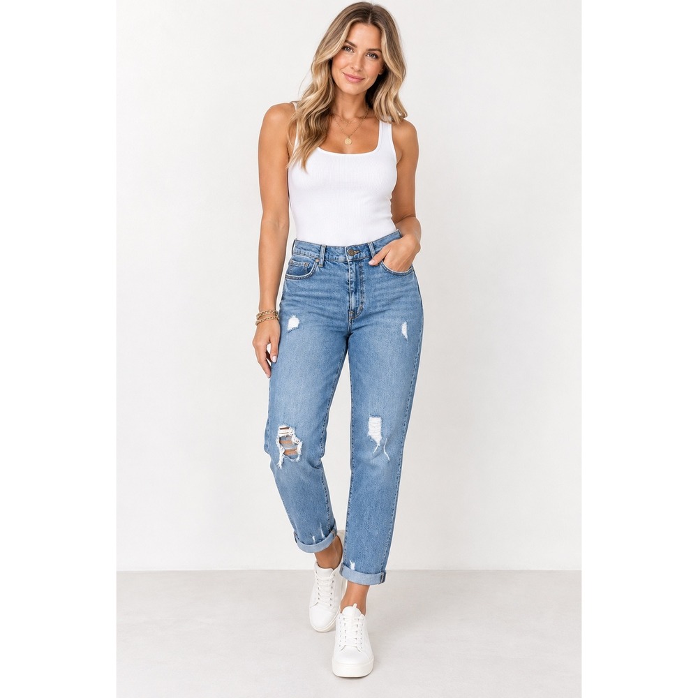 Current/Elliott Original Boyfriend Jeans Women 28 Blue Distressed High Rise C/E